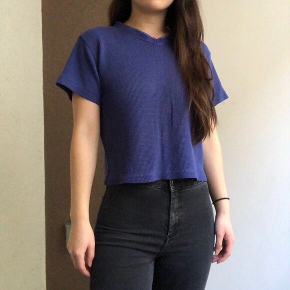 Victoria's Secret blue waffle knit thermal vneck cropped short sleeve top small - Picture 1 of 3